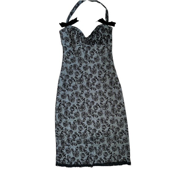 BETSEY JOHNSON Vintage 90's Flocked Rose Halter Bodycon Dress Retro Rockabilly - Picture 2 of 16